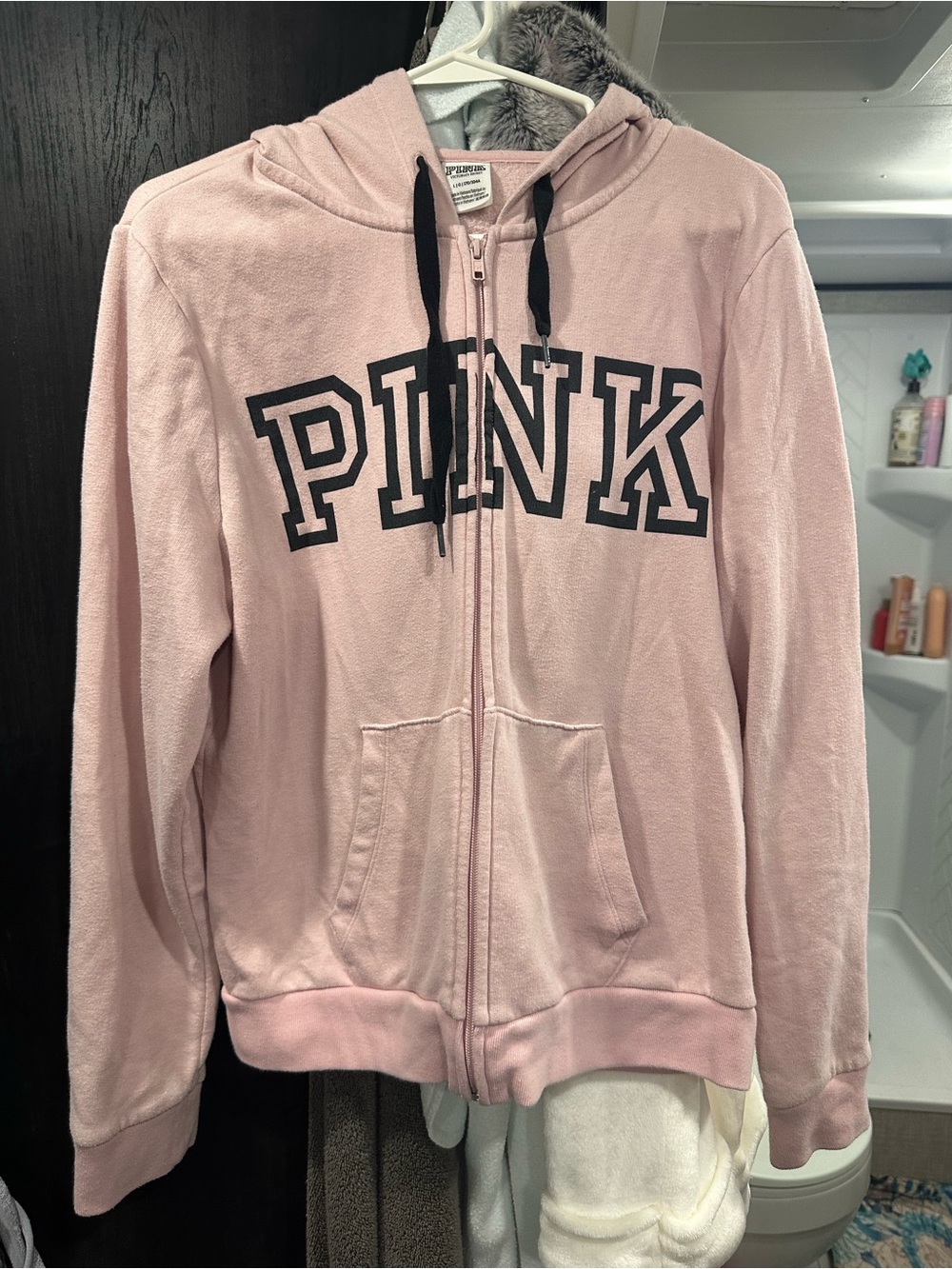 PINK Victoria's Secret Light Pink Teddy Zip-Up Hoodie with Black Logo